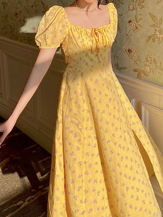 Yellow Square Neck Midi Dress With Puff Sleeve