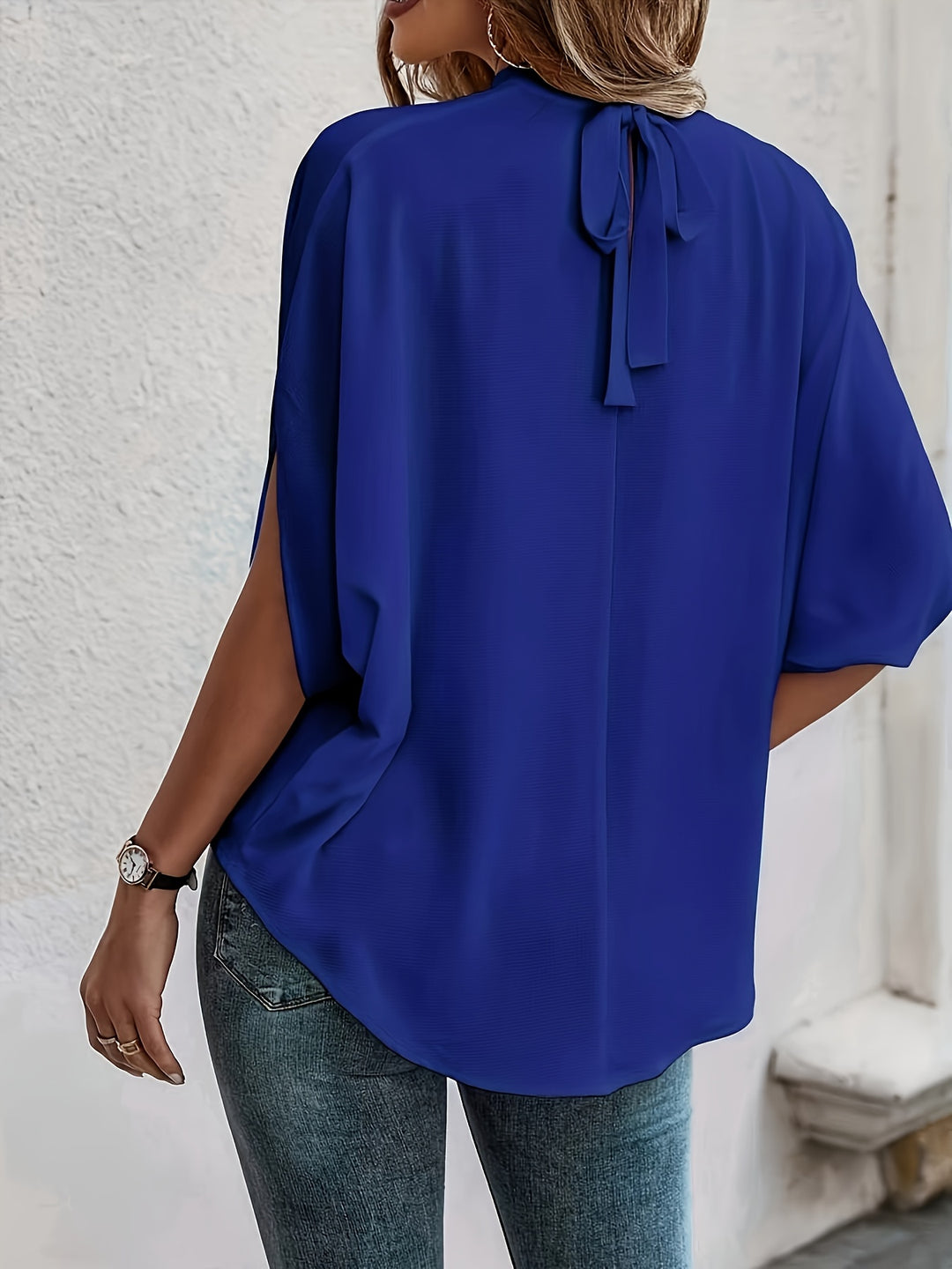 Blue High Neck Loose Short Sleeved Top
