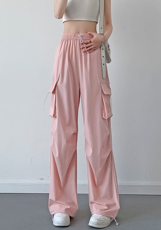 Pink Drawstring Parchute Pin Tucked Cargo Pants