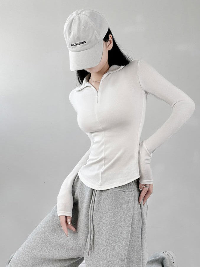 White Front Zip Full Sleeved T-Shirt