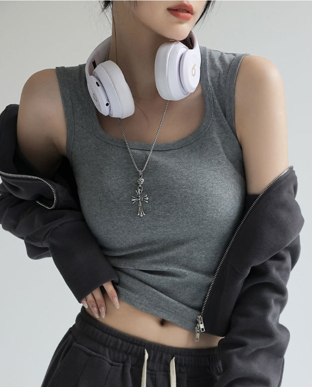 Grey Scoop Neck Tank Top