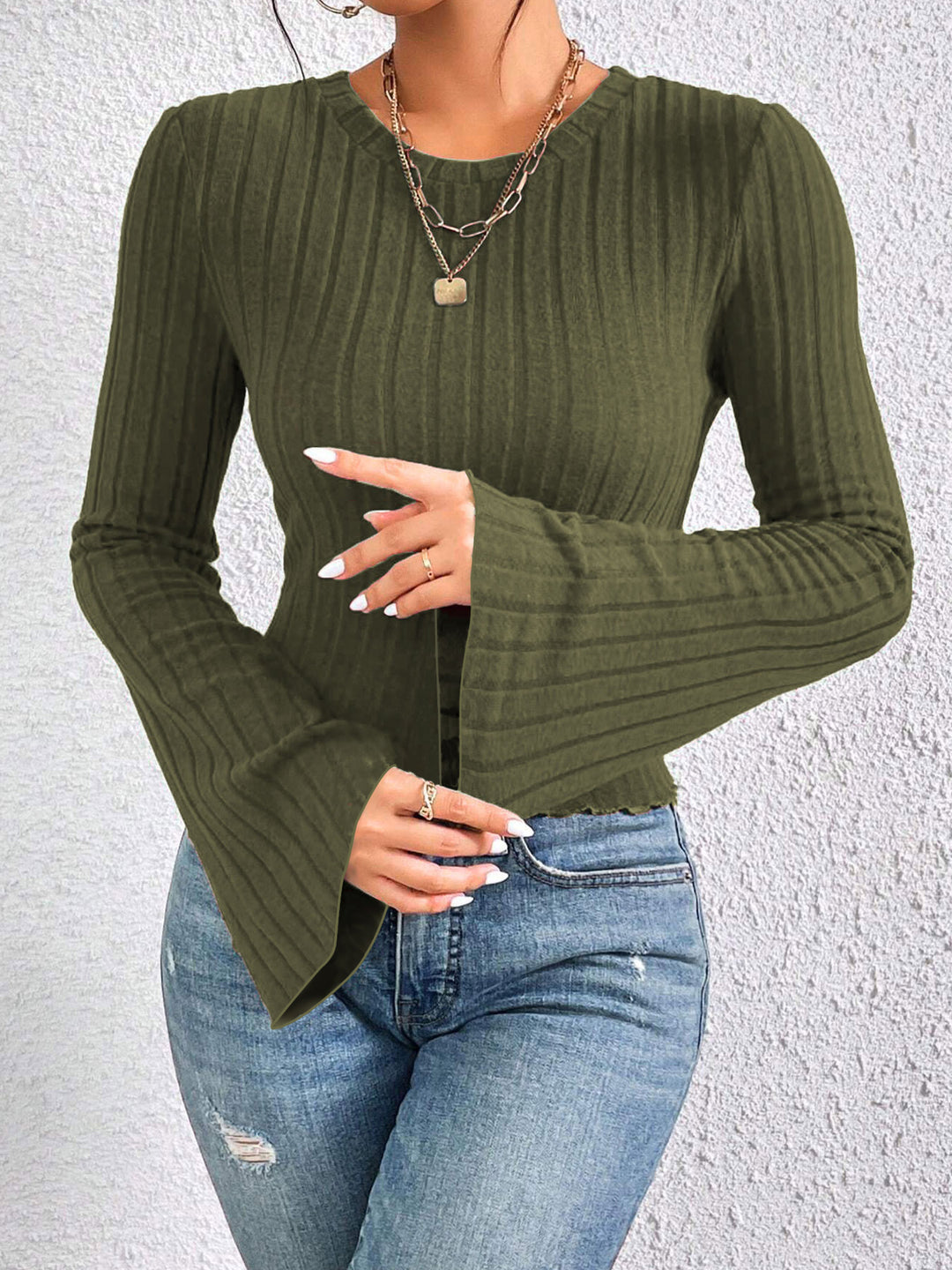 Green Bell Sleeves Solid Top