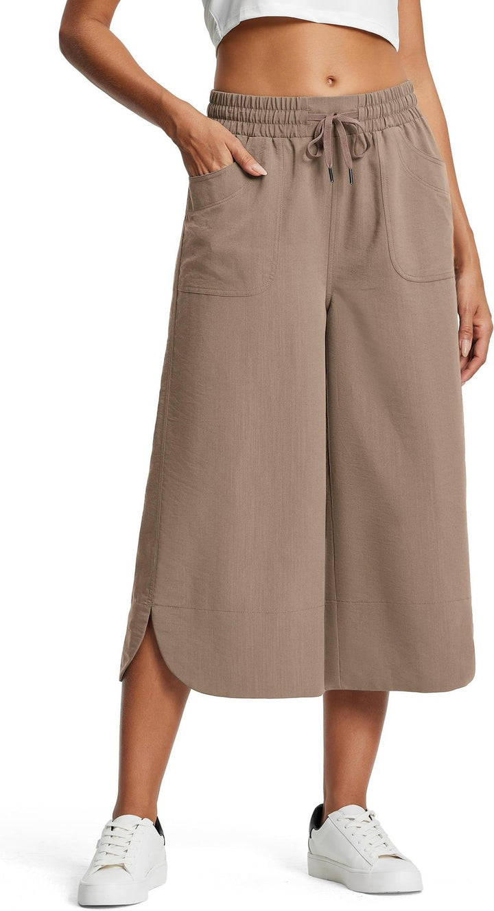 Beige Wide Leg Calf Length Trouser