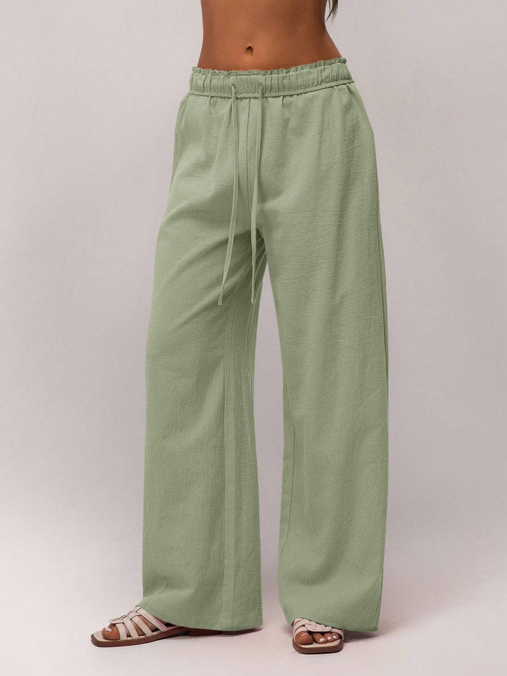 Light Green High Waist Drawstring Wide Leg Trouser