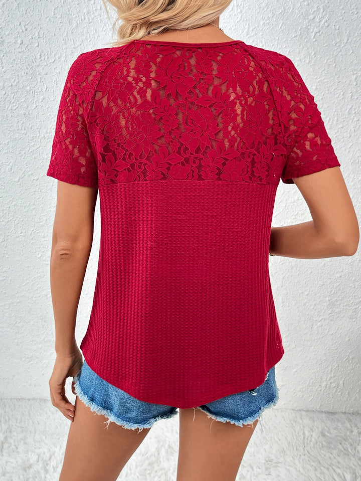 Red Laced Sleeve V-Neck Top