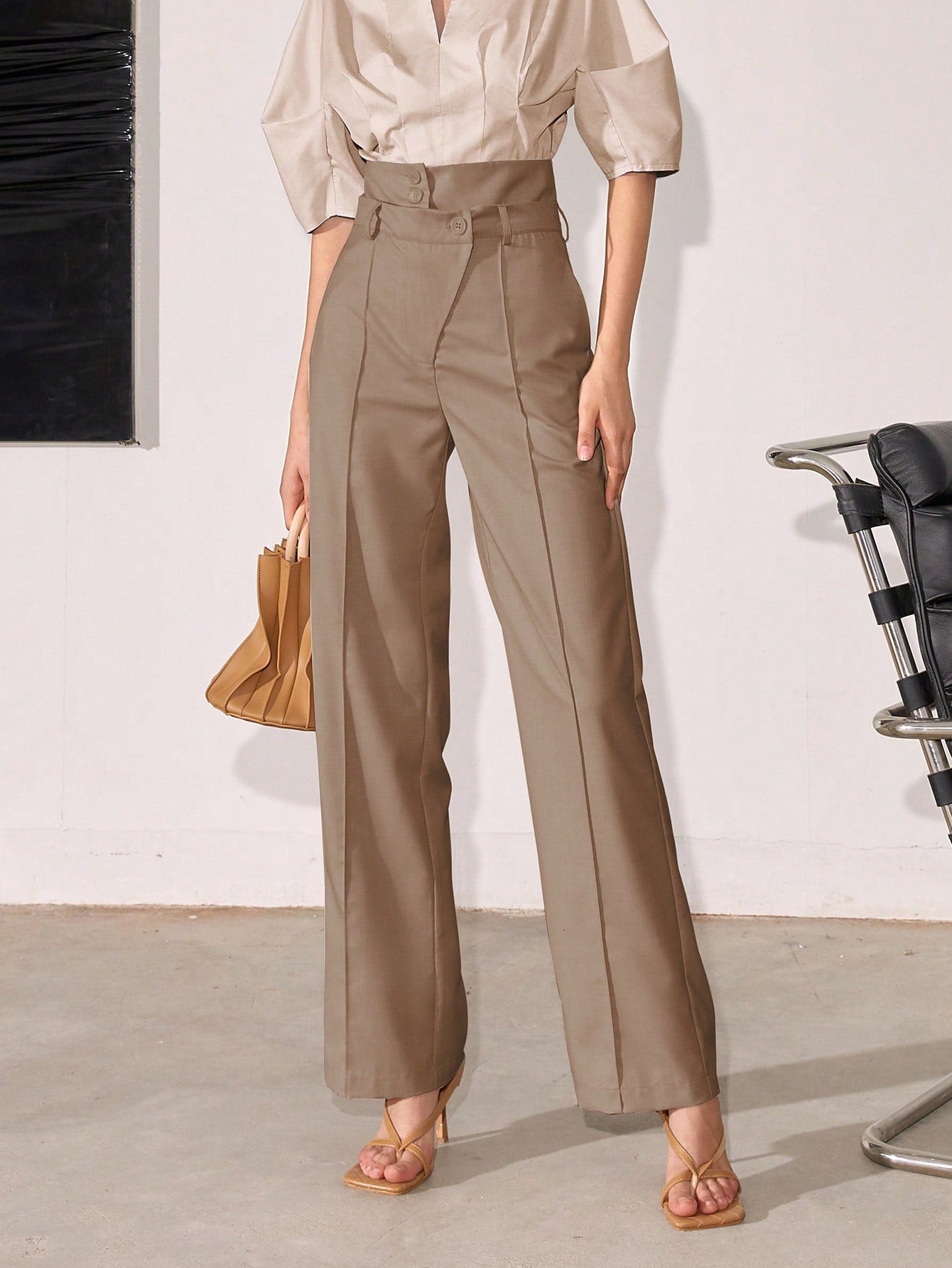 Beige High Waist Side Button Pant