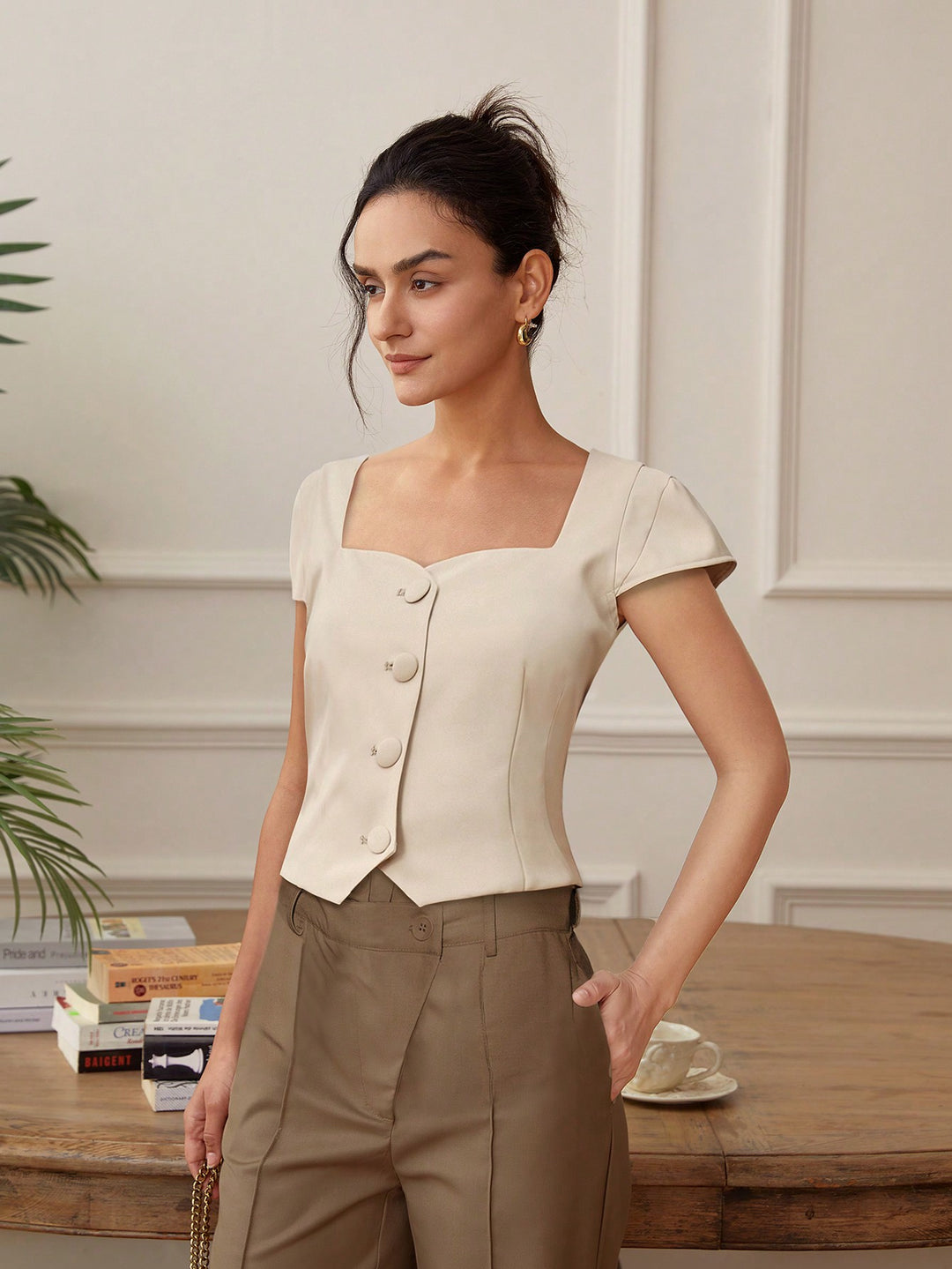 Cream Front Button Top