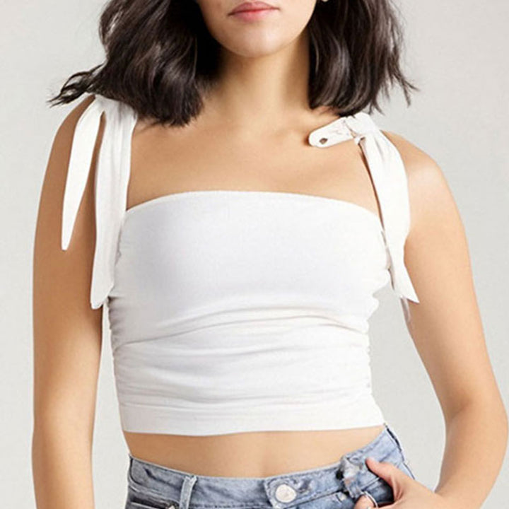 White Shoulder Tie Up Fitted Top