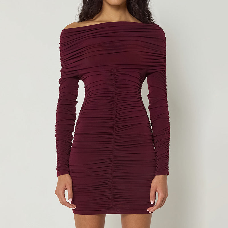 Burgundy Off-Shoulder Ruched Dress