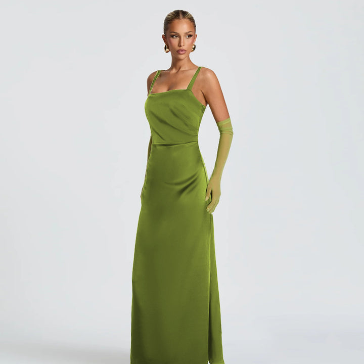 Green Square neck dress with side pleats