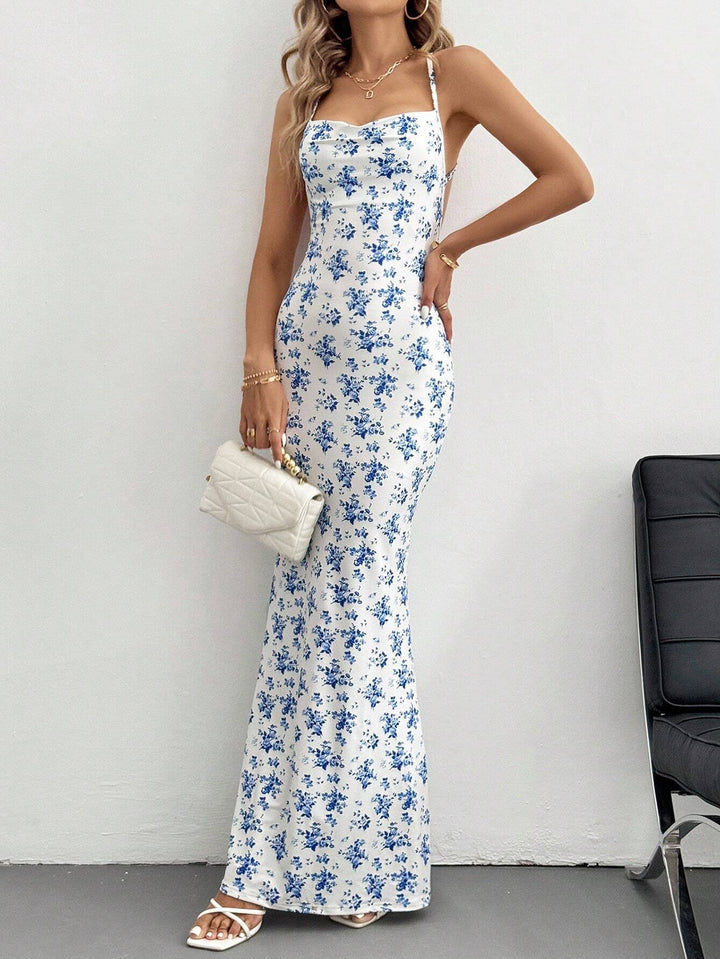 Green Printed Shoulder Strap Backless Dress
