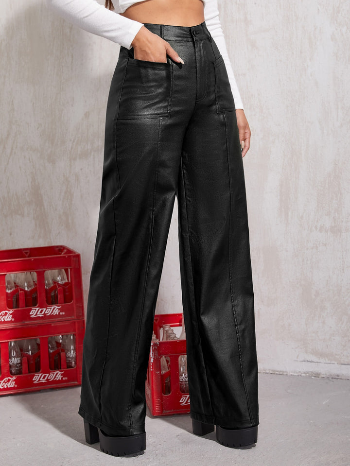 Black Pu Wide Leg Jeans With Seams Detailing
