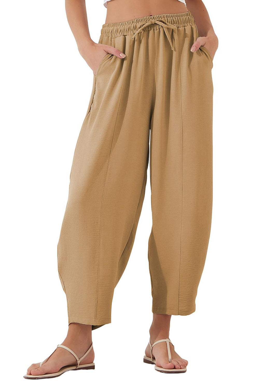 Beige Elasticated Waist Band Wide Leg Trouser