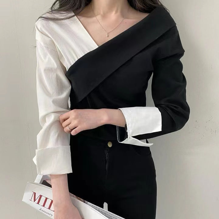 Black Color Block V Neck Top