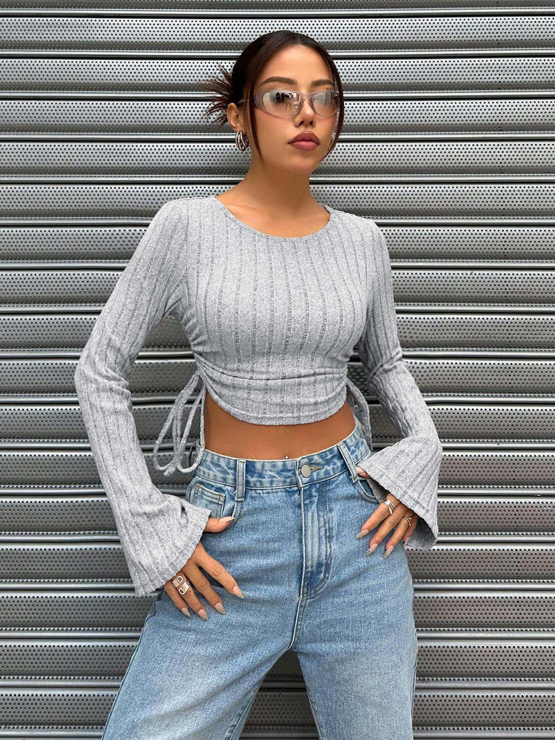 Grey Wide Spaced Rib With Ruching At The Sides Top