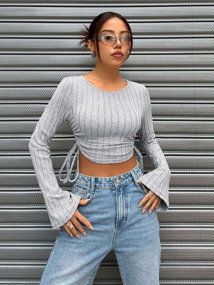 Grey Wide Spaced Rib With Ruching At The Sides Top