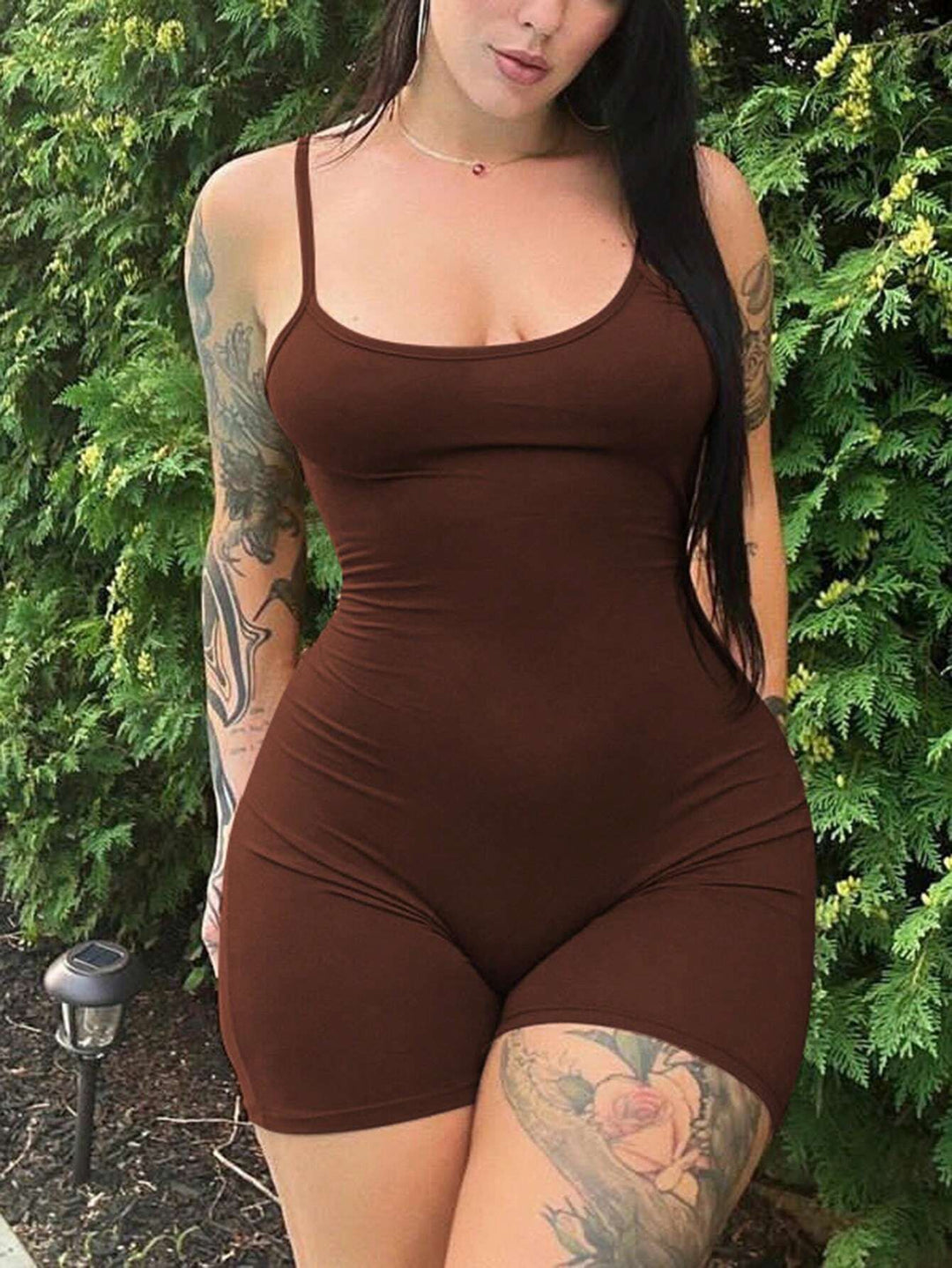 Brown Spaghetti Strap Fitted Romper