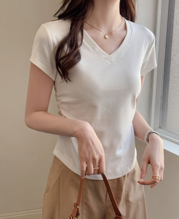 Cream V-Neck Relaxed Fit T-Shirt