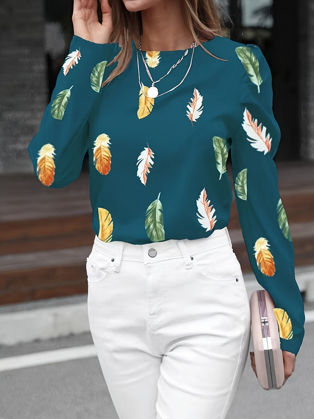 Green Printed Full Puff Sleeves Top