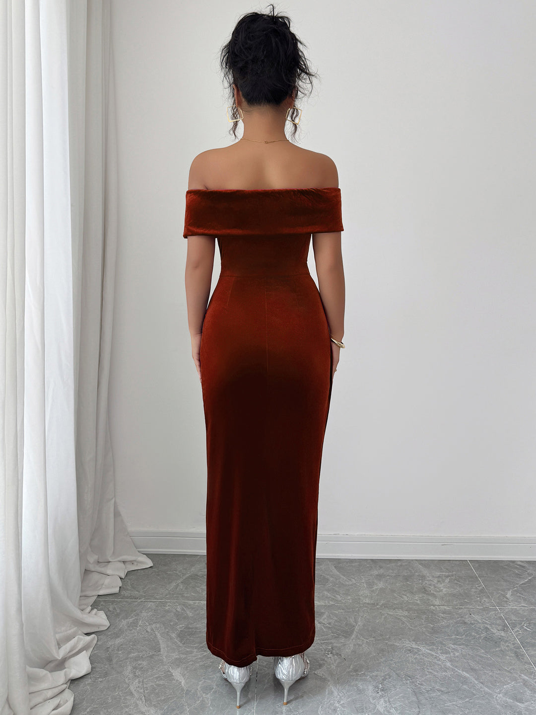 Maroon Off Shoulder Fitted Asymmetrical Hem Dress