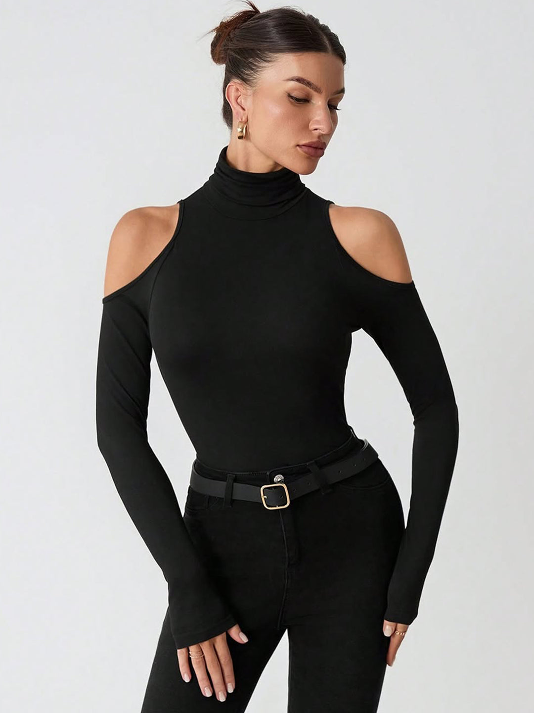 Black High Neck Cold Shoulder Top