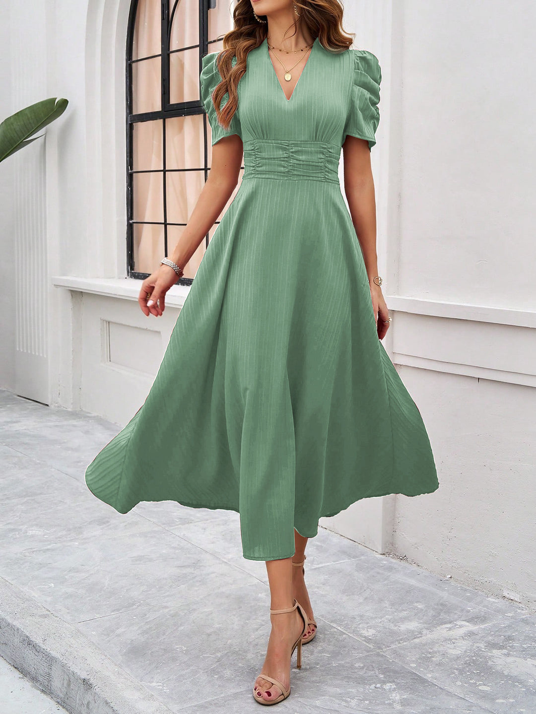 Sea Green Fit And Flare Midi Dress