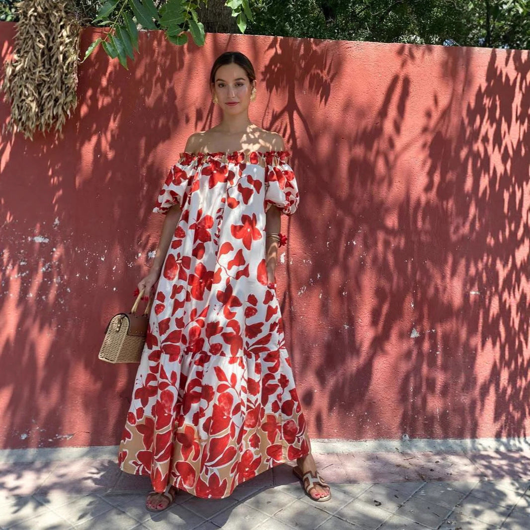 Red Printed Off Shoulder Dress