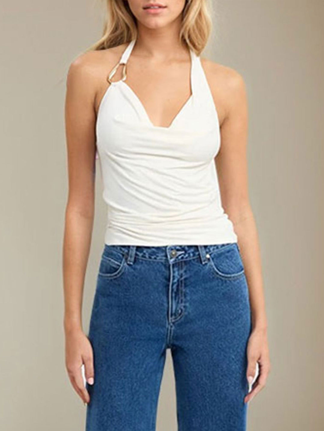 White Buckle Attach Halter Neck Top