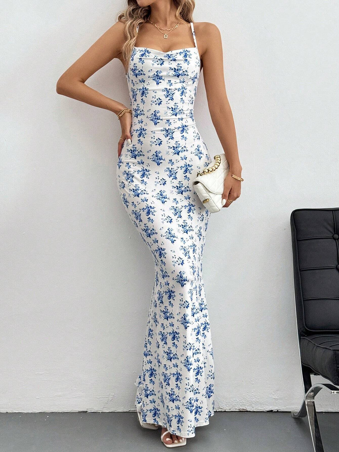 Green Printed Shoulder Strap Backless Dress