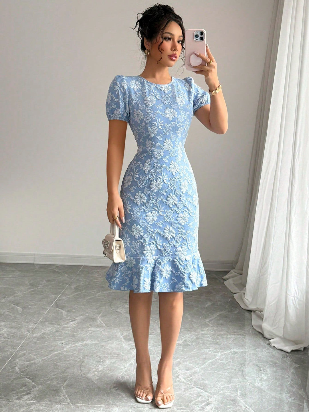 Blue Short Sleeve Ruffle Hem Dress