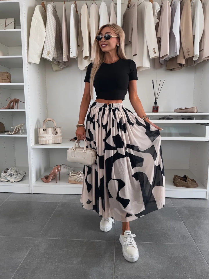 White Printed Pleated Flowy Skirt