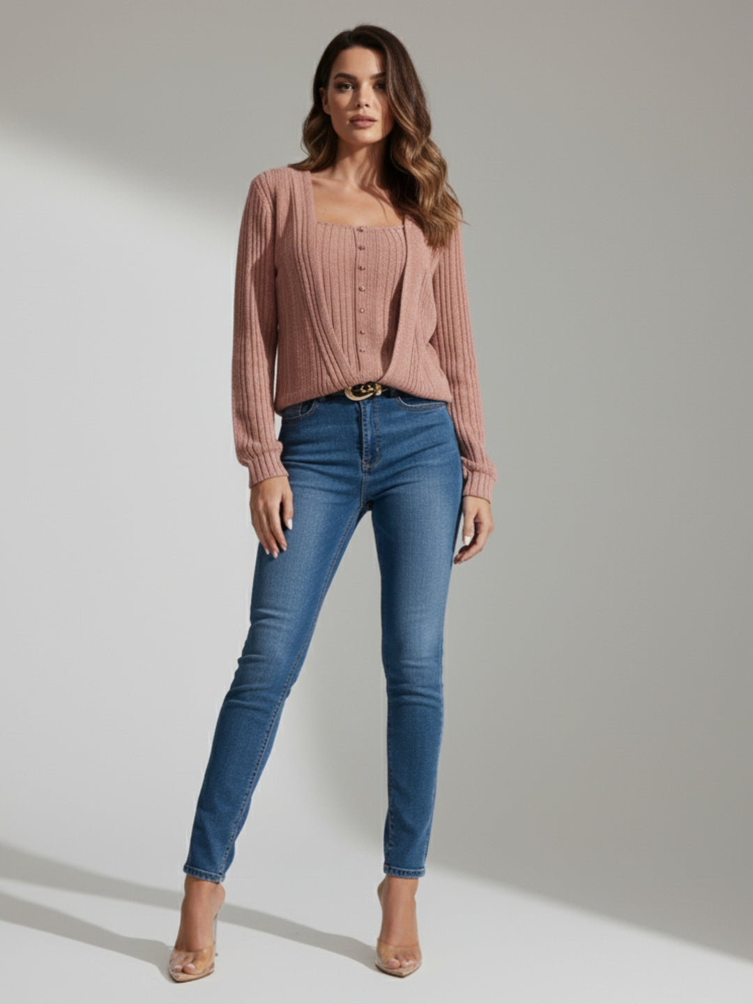 Pink Textured Button Up Cardigan Styled Sweater