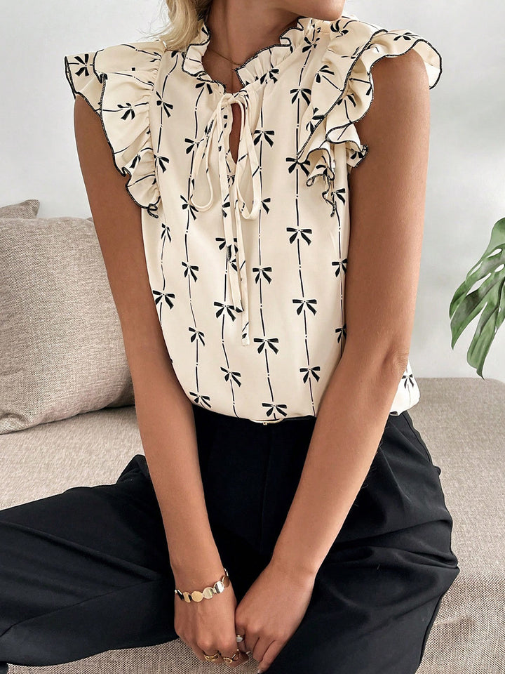 Cream Tiered Flappy Sleeves Printed Top