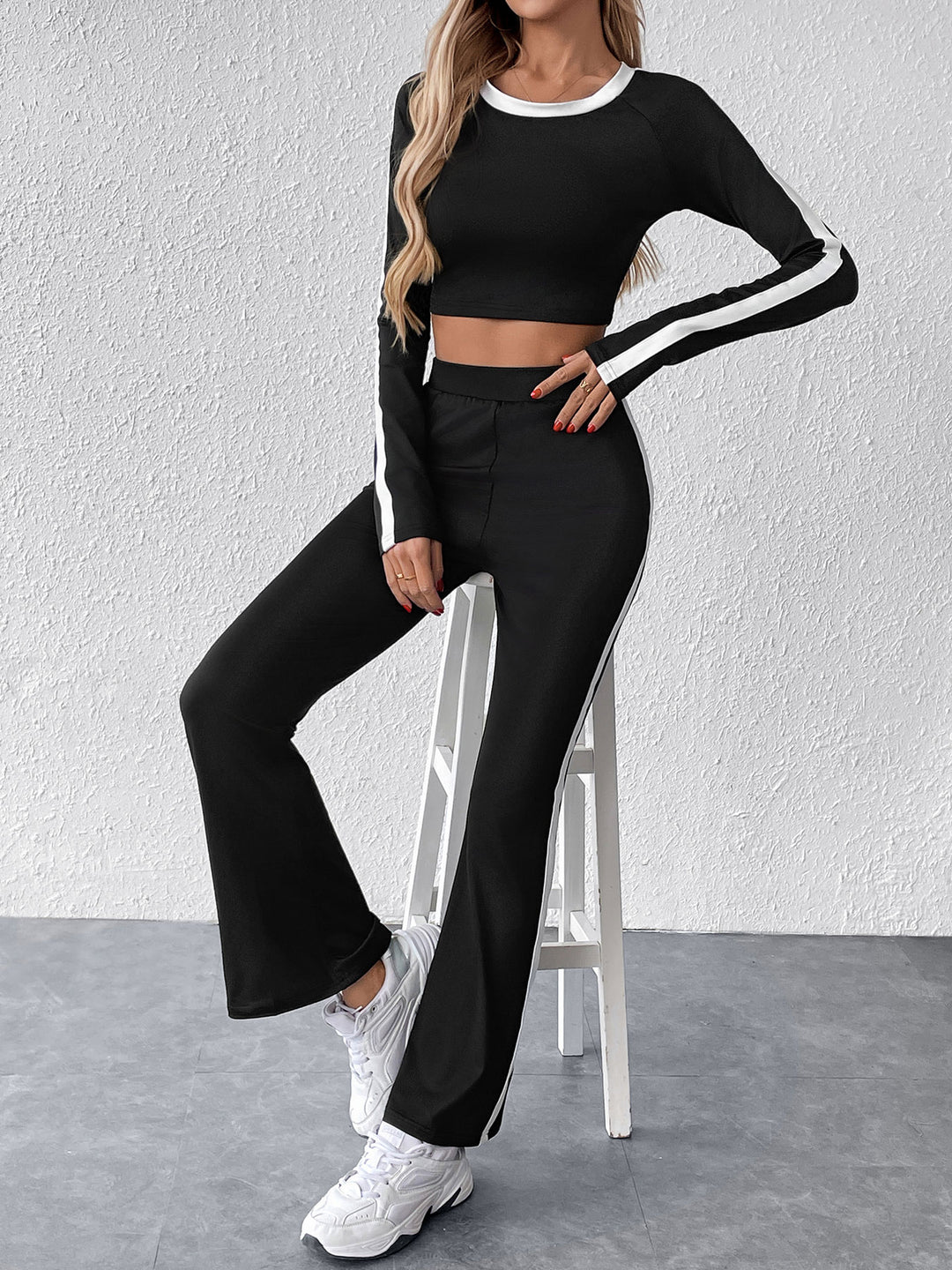 Black Contrast Tape Top And Pant Co-Ord Set