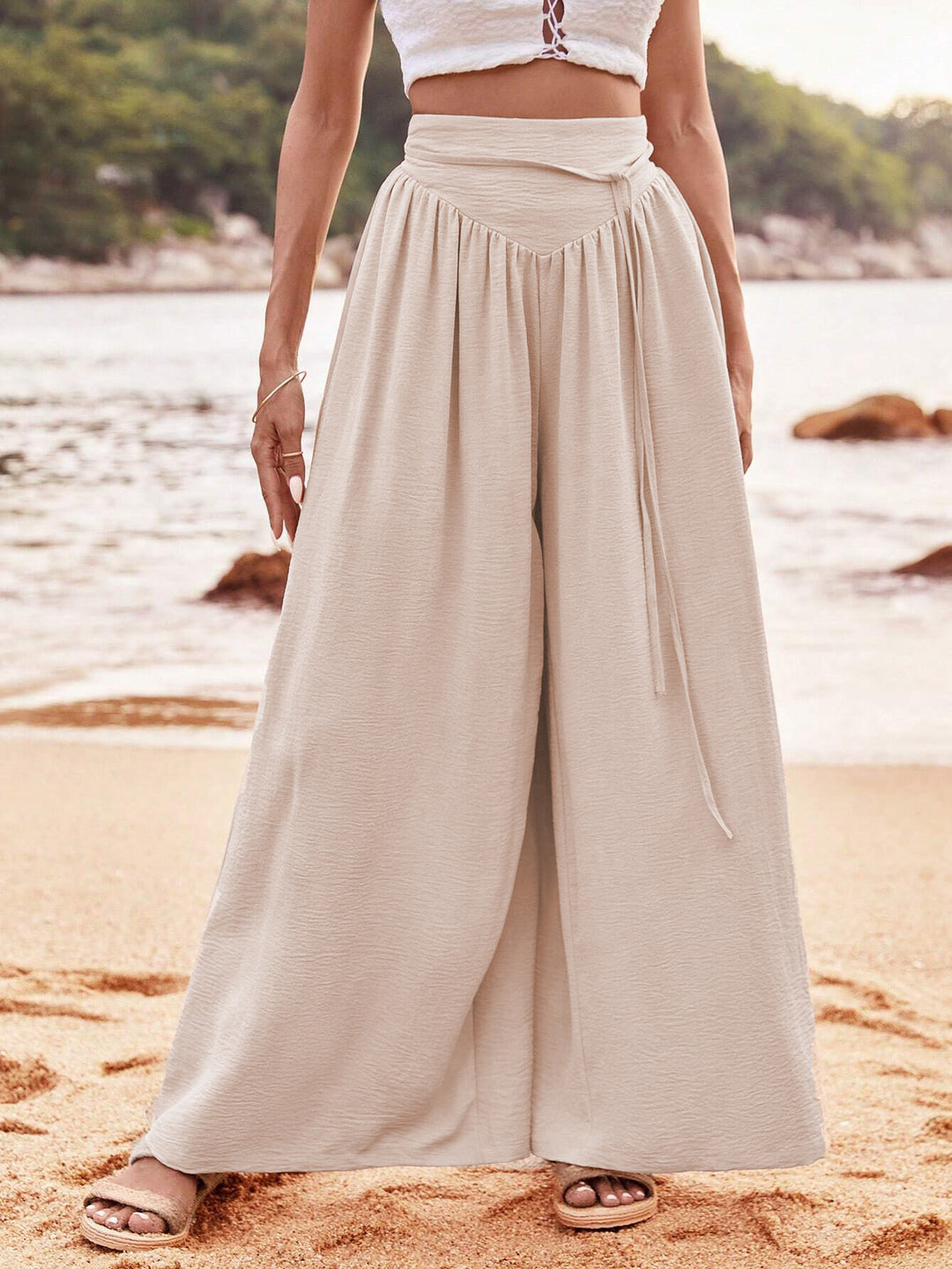 Khaki Wide Leg Drawstring Pants