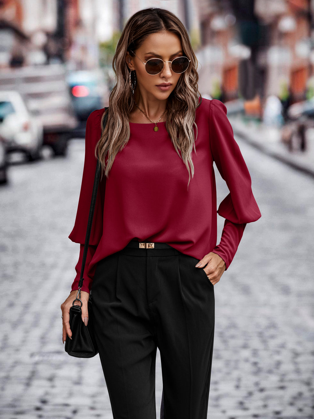 Wine Bishop Sleeve Crew Neck Top