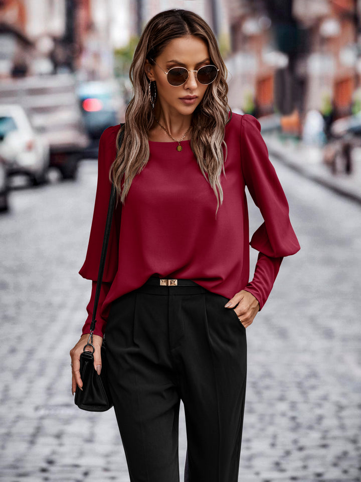 Wine Bishop Sleeve Crew Neck Top