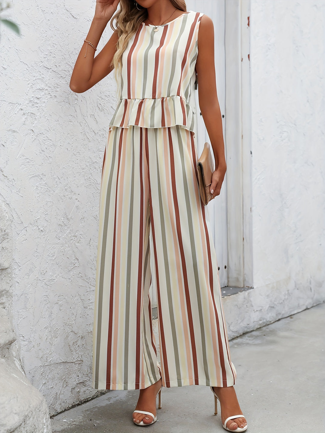 Multi Sleeveless Vertical Striped Coord Set With Peplum Top And Wide Leg Trouser