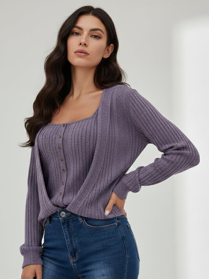 Lilac Textured Button Up Cardigan Styled Sweater