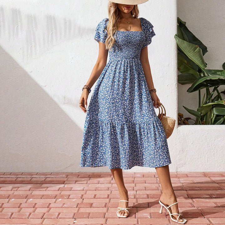Blue Printed Ruched Dress