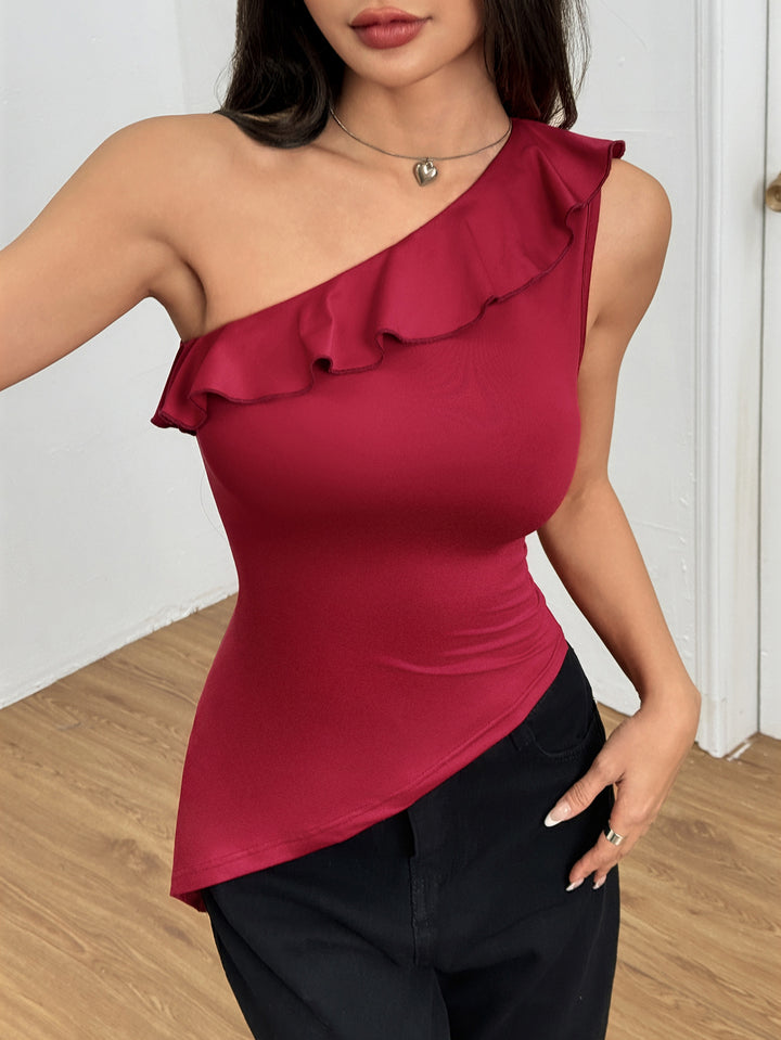 Wine One Shoulder Ruffle Hem Asymmetrical Top