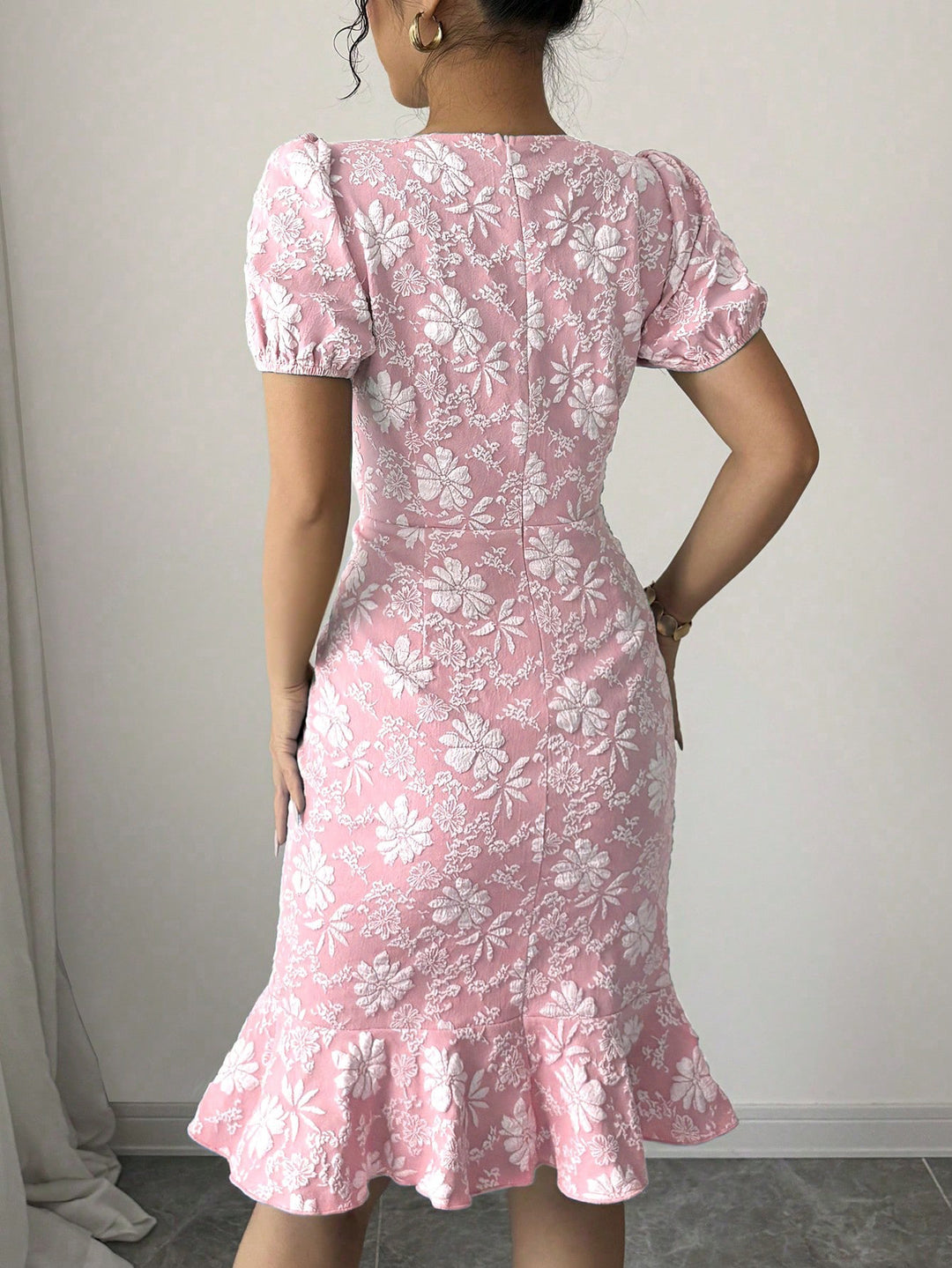 Pink Short Sleeve Textured Ruffle Hem Dress