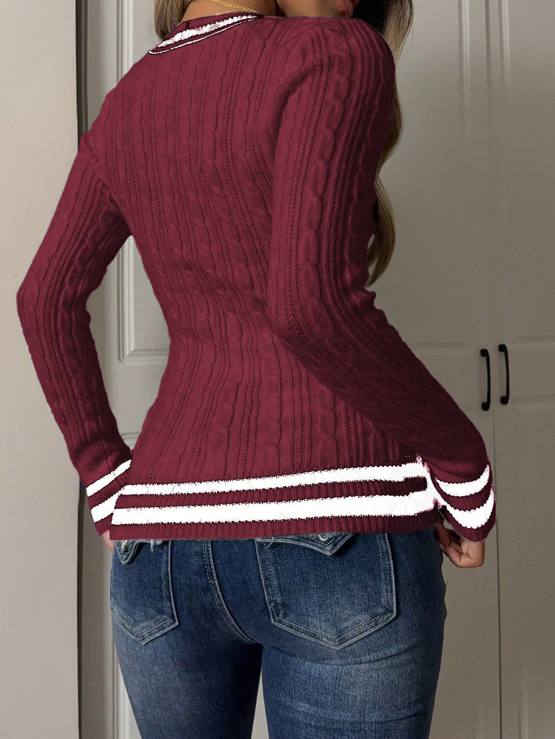 Maroon Full Sleeve Contrast Trim V Neck Sweater