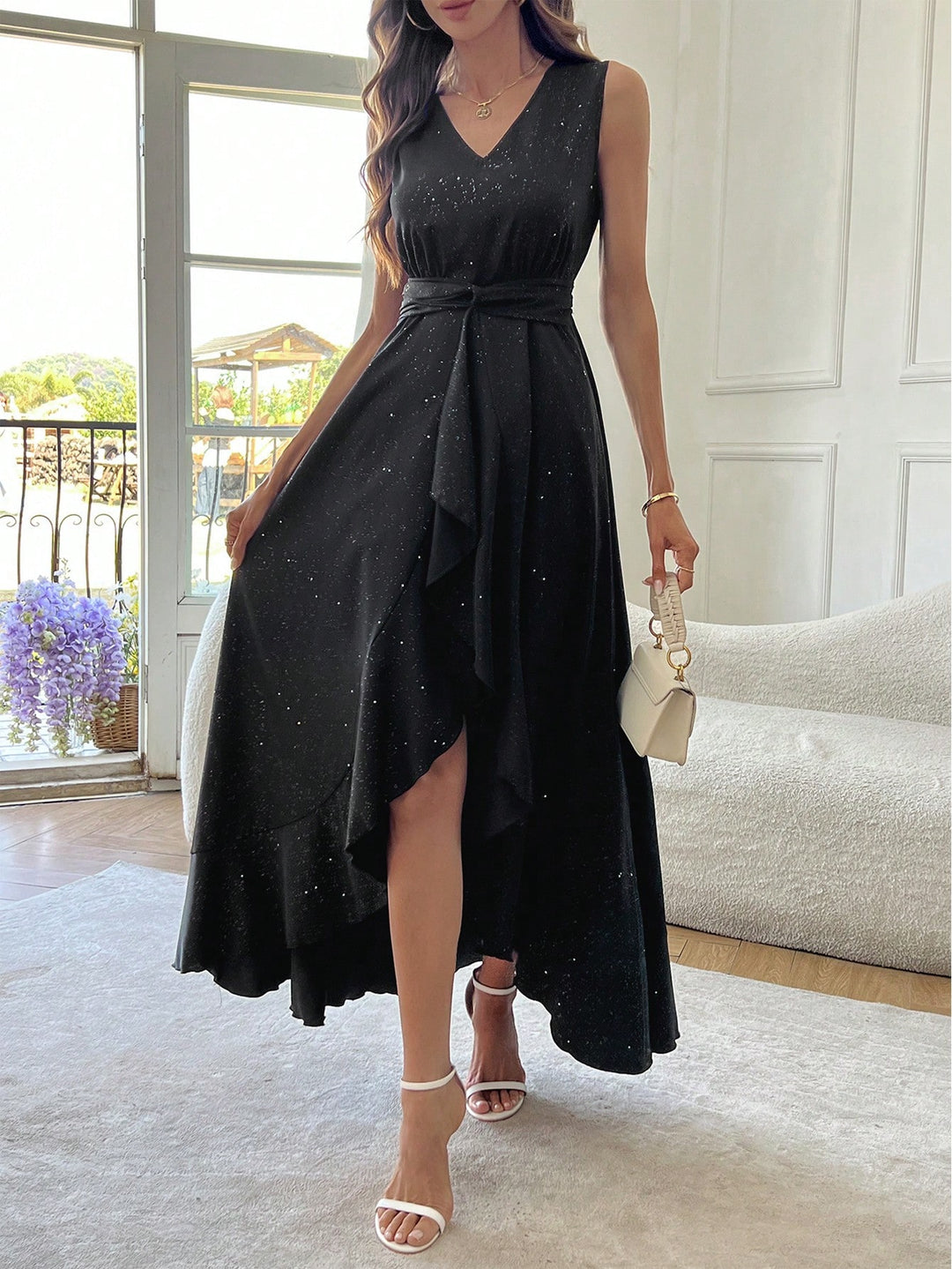 Black Sleeveless V-Neck Wrap Dress