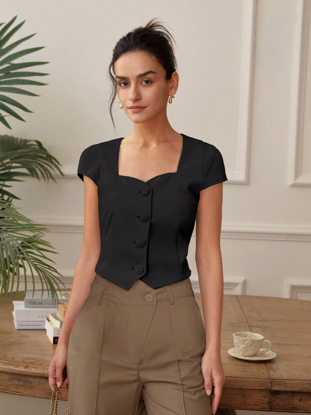 Black Front Button Top