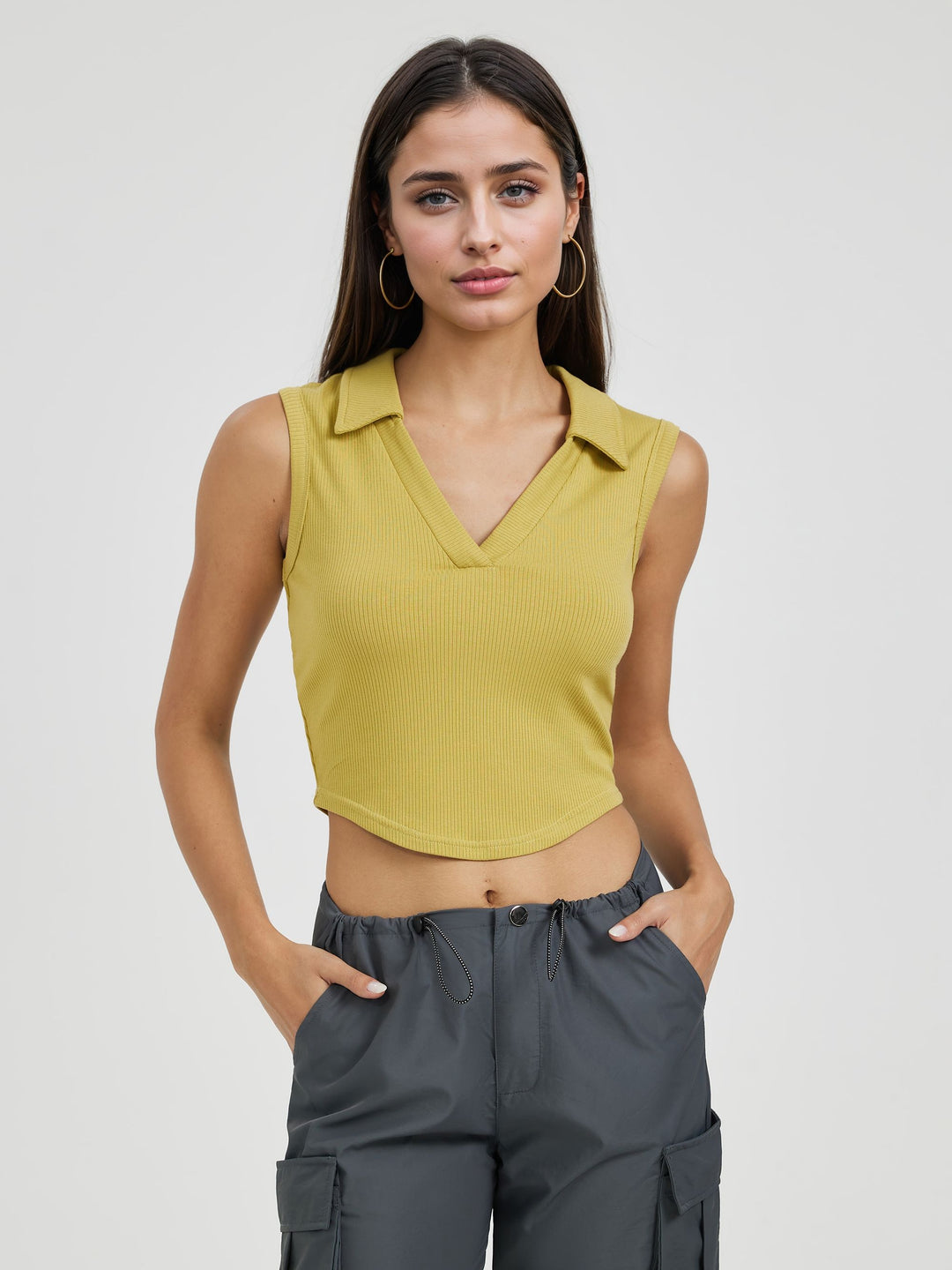 Yellow Collar V Neck Crop Top