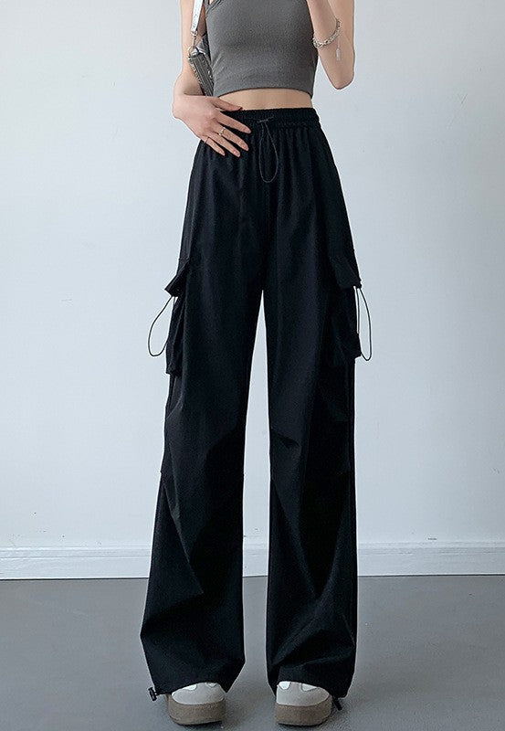 Black Drawstring Parchute Pin Tucked Cargo Pants