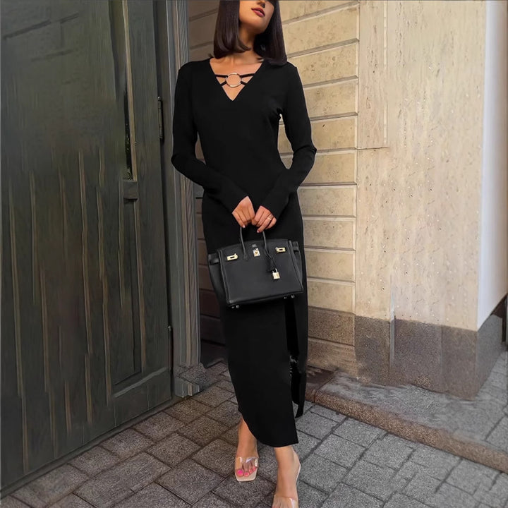 Black Plunge Neck With Buckle Detailing Dress