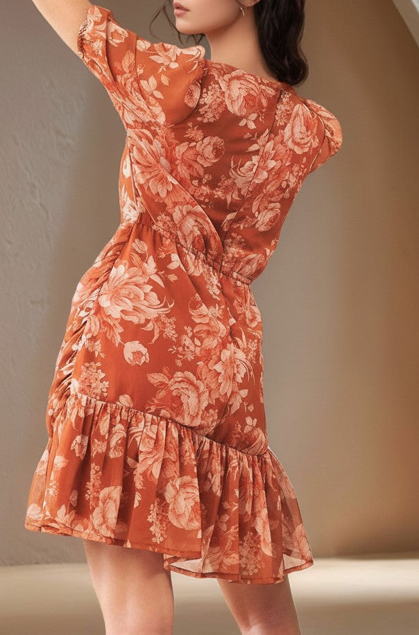 Rust Short Sleeve V Neck Ruffle Hem Dress