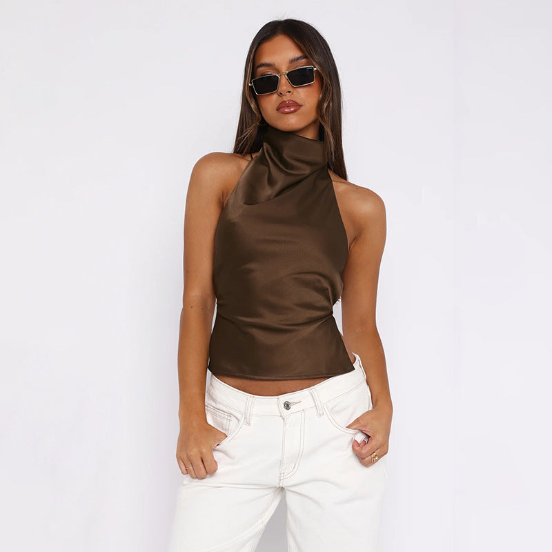 Brown Cowl Neck Back Straps Top